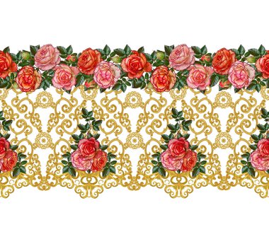 Seamless modeli. Altın dokulu bukleler. Oryantal tarzı Arabesk. Parlak dantel, stilize çiçekler. Dokuma narin, altın arka plan, kompozisyon, kırmızı gül çelenk Ajur