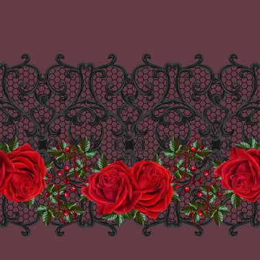 Seamless modeli. Oryantal tarzı Arabesk. Siyah dantel, stilize çiçekler. Ajur dokuma hassas, tekstil arka plan. Garland koyu kırmızı gül.