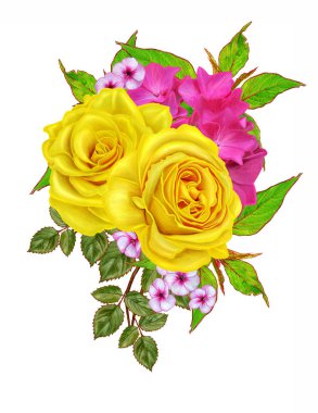 Çiçek kompozisyon. Güzel buket Sarı Gül, yeşil yaprakları, tomurcukları. Beyaz arka plan üzerinde izole.