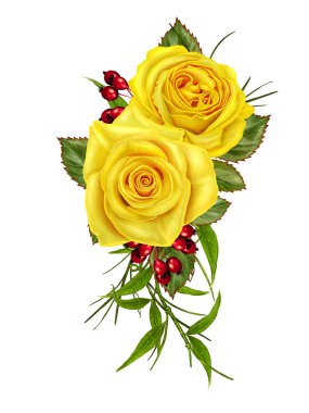 Çiçek kompozisyon. Güzel buket Sarı Gül, yeşil yaprakları, tomurcukları. Beyaz arka plan üzerinde izole.