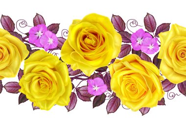 Yatay kenarlık. Çiçek seamless modeli. Garland parlak güzel Sarı Gül.