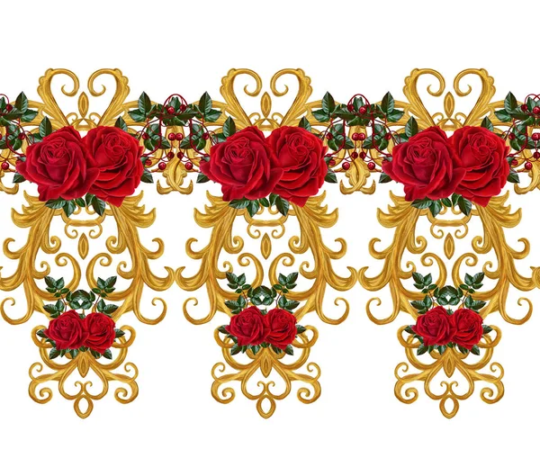 Modèle sans couture. Boucles texturées dorées. Arabesques de style oriental. Dentelle brillante, fleurs stylisées. Tissage ajouré délicat, fond doré, composition, guirlande de roses rouges — Photo