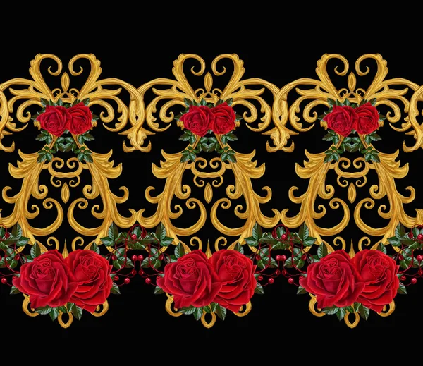 Seamless pattern. Golden textured curls. Oriental style arabesques. Brilliant lace, stylized flowers. Openwork weaving delicate, golden background, composition, garland of red roses — Stock Photo, Image