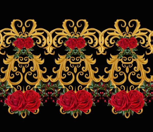 Naadloze patroon. Gouden getextureerde krullen. Oosterse stijl arabesken. Briljante lace, gestileerde bloemen. Opengewerkte weven van fijne, gouden achtergrond, samenstelling, garland van rode rozen — Stockfoto