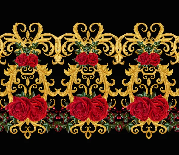 Seamless pattern. Golden textured curls. Oriental style arabesques. Brilliant lace, stylized flowers. Openwork weaving delicate, golden background, composition, garland of red roses — Stock Photo, Image