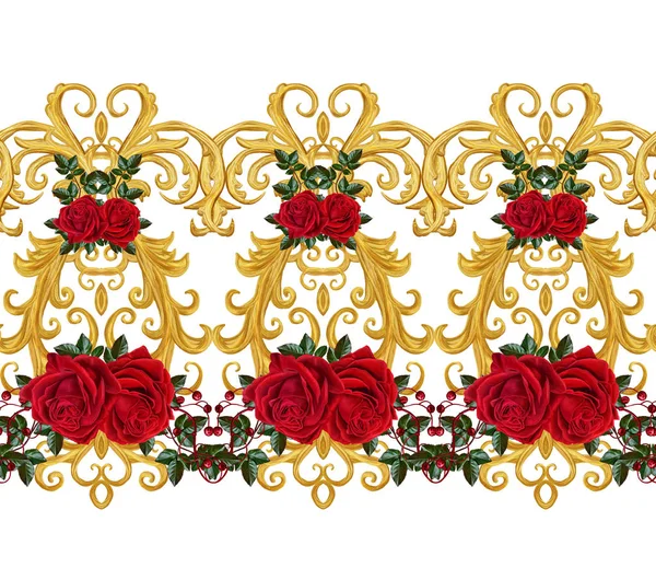 Jednolity wzór. Złote Loki teksturą. Styl Orientalny arabeski. Genialny koronki, stylizowane kwiaty. Ażurowe, tkactwo tło delikatny, złote, skład, garland czerwonych róż — Zdjęcie stockowe