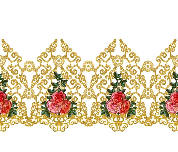 Χωρίς ραφή πρότυπο. Χρυσή ανάγλυφη μπούκλες. Ανατολίτικο στυλ αραβουργήματα. Λαμπρή δαντέλα, στυλιζαρισμένα λουλούδια. Διάτρητο ύφανσης, λεπτό, χρυσό φόντο, σύνθεση, γιρλάντα από τριαντάφυλλα — Φωτογραφία Αρχείου
