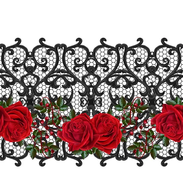 Seamless pattern. Oriental style arabesques. Black lace, stylized flowers. Openwork weaving delicate, textile background. Garland of dark red roses. — Stock Photo, Image