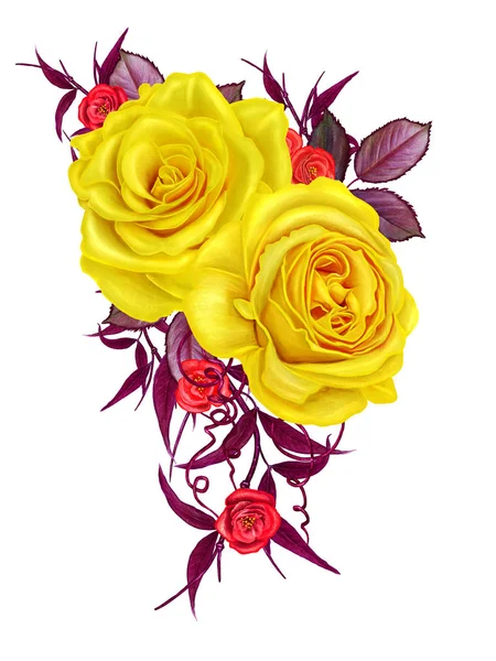 Blütenkomposition. schöner Strauß gelber Rosen, grüner Blätter, Knospen. isoliert auf weißem Hintergrund. — Stockfoto