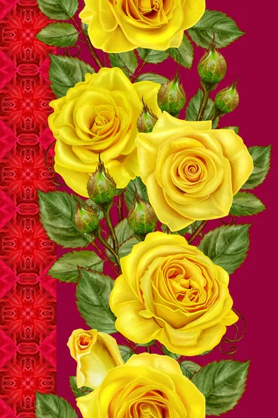 Vertical border. Floral seamless pattern. Garland bright beautiful yellow roses. Openwork weaving, mosaic, tile in the background.