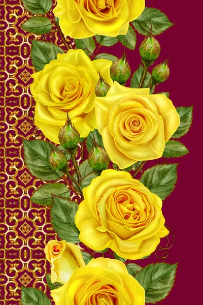 Vertical border. Floral seamless pattern. Garland bright beautiful yellow roses. Openwork weaving, mosaic, tile in the background.