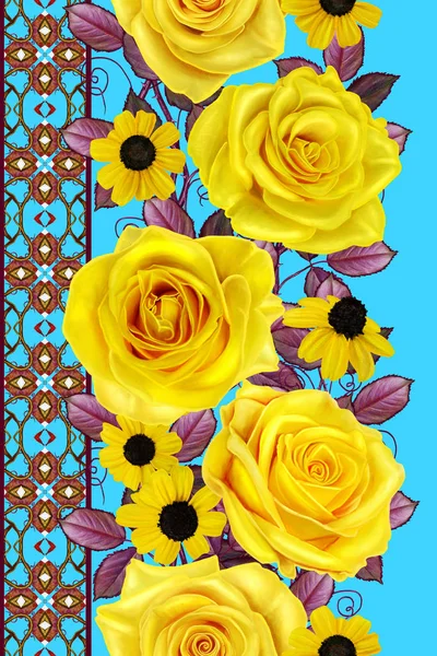 Vertical border. Floral seamless pattern. Garland bright beautiful yellow roses. Openwork weaving, mosaic, tile in the background.