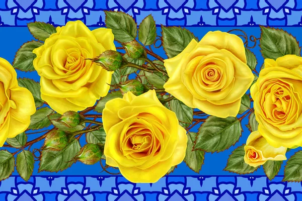 Horizontal border. Floral seamless pattern. Garland bright beautiful yellow roses.