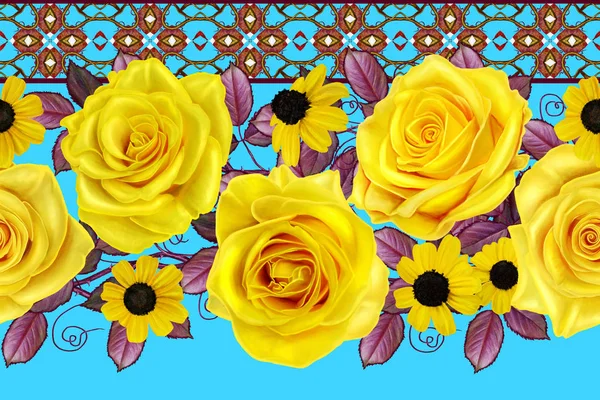 Fronteira horizontal. Padrão sem costura floral. grinalda rosas amarelas bonitas brilhantes . — Fotografia de Stock