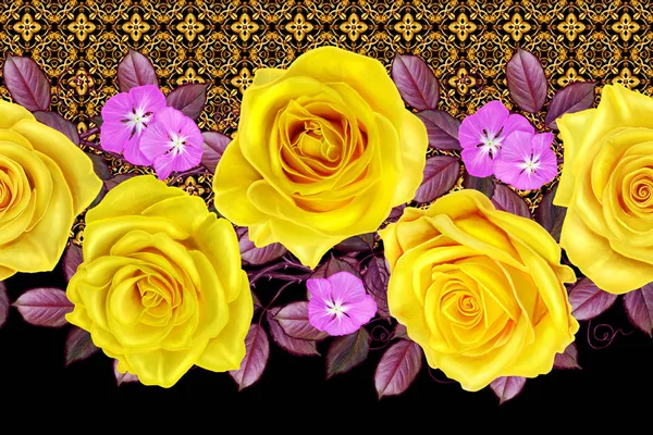 Horizontal border. Floral seamless pattern. Garland bright beautiful yellow roses.