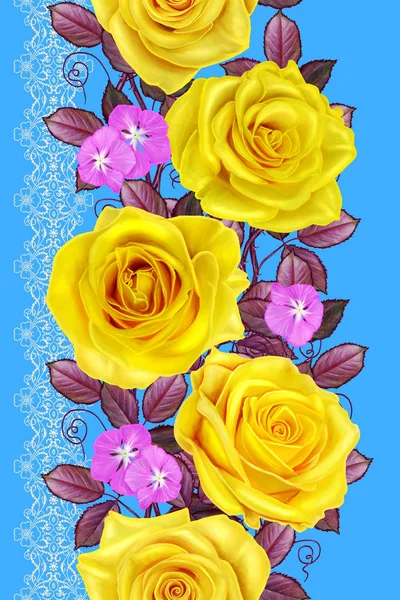 Frontera vertical. Patrón sin costura floral. Guirnalda brillante hermosas rosas amarillas. Tejido calado, mosaico, azulejo en el fondo . — Foto de Stock