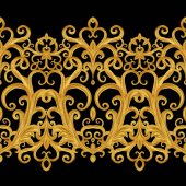 Seamless pattern. Golden textured curls. Oriental style arabesques. Brilliant lace, stylized flowers. Openwork weaving delicate, golden background. Damascus motif.
