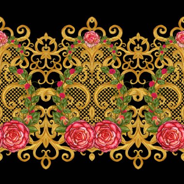 Seamless modeli. Altın dokulu bukleler. Oryantal tarzı Arabesk. Parlak dantel, stilize çiçekler. Dokuma narin, altın arka plan, kompozisyon, kırmızı gül çelenk Ajur