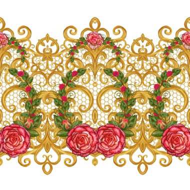 Seamless modeli. Altın dokulu bukleler. Oryantal tarzı Arabesk. Parlak dantel, stilize çiçekler. Dokuma narin, altın arka plan, kompozisyon, kırmızı gül çelenk Ajur