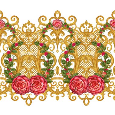 Seamless modeli. Altın dokulu bukleler. Oryantal tarzı Arabesk. Parlak dantel, stilize çiçekler. Dokuma narin, altın arka plan, kompozisyon, kırmızı gül çelenk Ajur