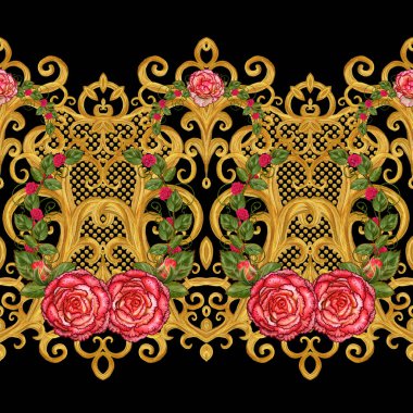 Seamless modeli. Altın dokulu bukleler. Oryantal tarzı Arabesk. Parlak dantel, stilize çiçekler. Dokuma narin, altın arka plan, kompozisyon, kırmızı gül çelenk Ajur