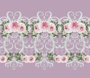 Dikişsiz desen sınır. Narin, dokuma Ajur Gümüş arka plan, parlak dantel, vintage eski tarzı Arabesk. Dekoratif kenar. Pastel pembe gül buketi çiçek çelenk.