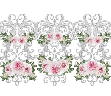 Dikişsiz desen sınır. Narin, dokuma Ajur Gümüş arka plan, parlak dantel, vintage eski tarzı Arabesk. Dekoratif kenar. Pastel pembe gül buketi çiçek çelenk.