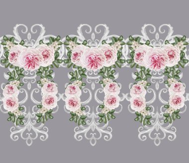 Dikişsiz desen sınır. Narin, dokuma Ajur Gümüş arka plan, parlak dantel, vintage eski tarzı Arabesk. Dekoratif kenar. Pastel pembe gül buketi çiçek çelenk.