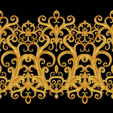 Seamless modeli. Altın dokulu bukleler. Oryantal tarzı Arabesk. Parlak dantel, stilize çiçekler. Narin, altın arka plan dokuma Ajur. Damascus motifi.