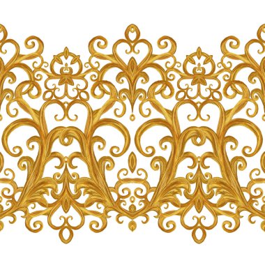 Seamless modeli. Altın dokulu bukleler. Oryantal tarzı Arabesk. Parlak dantel, stilize çiçekler. Narin, altın arka plan dokuma Ajur. Damascus motifi.