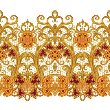 Seamless modeli. Altın dokulu bukleler. Oryantal tarzı Arabesk. Parlak dantel, stilize çiçekler. Narin, altın arka plan dokuma Ajur. Paisley, Hint salatalık.