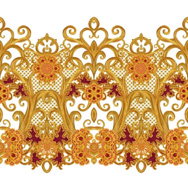 Seamless modeli. Altın dokulu bukleler. Oryantal tarzı Arabesk. Parlak dantel, stilize çiçekler. Narin, altın arka plan dokuma Ajur. Paisley, Hint salatalık.