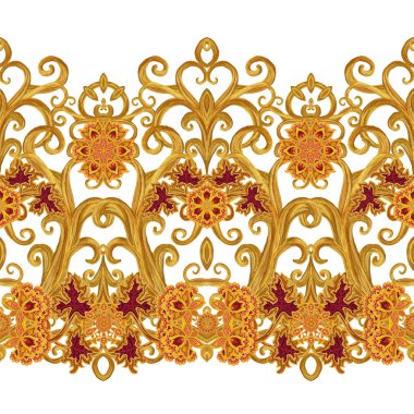 Seamless modeli. Altın dokulu bukleler. Oryantal tarzı Arabesk. Parlak dantel, stilize çiçekler. Narin, altın arka plan dokuma Ajur. Paisley, Hint salatalık.