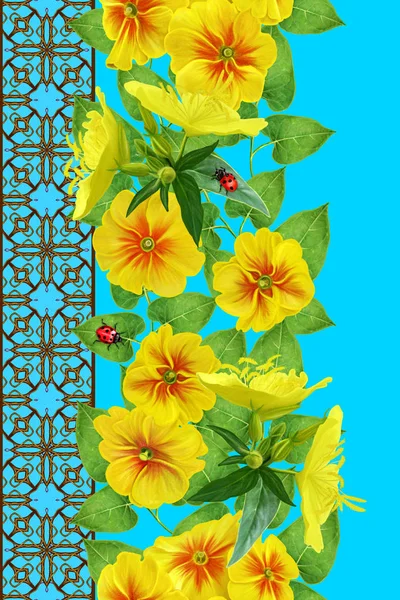 Confine verticale. Motivo floreale senza cuciture. Ghirlanda di fiori di primula rossa gialla, bianca, rossa, delicate foglie verdi . — Foto Stock
