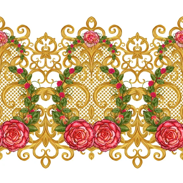 シームレス パターン。黄金の質感カール。オリエンタル スタイル アラベスク。華麗なレース、様式化された花です。繊細な黄金色の背景、組成、赤いバラの花輪を編む透かし — ストック写真