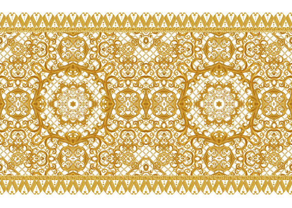 Seamless pattern. Golden textured curls. Oriental style arabesques. Brilliant lace, stylized flowers. Openwork weaving delicate, golden background. Damascus motif.