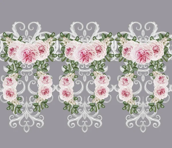 Seamless pattern border. Openwork weaving delicate, silver background, shiny lace, vintage old style arabesques. Edging decorative. Bouquets flower garland of pink pastel roses. — Stock Photo, Image