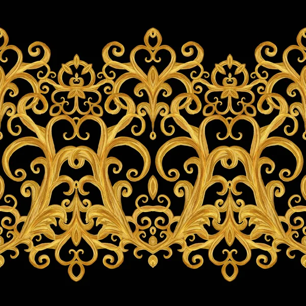 シームレス パターン。黄金の質感カール。オリエンタル スタイル アラベスク。華麗なレース、様式化された花です。繊細な黄金色の背景を織りの透かし彫り。ダマスカス モチーフ. — ストック写真