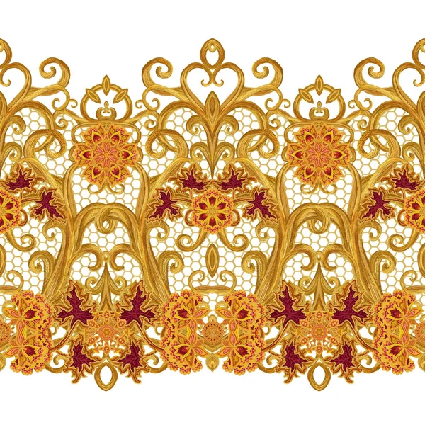 シームレス パターン。黄金の質感カール。オリエンタル スタイル アラベスク。華麗なレース、様式化された花です。繊細な黄金色の背景を織りの透かし彫り。ペイズリー、インドのキュウリ. — ストック写真