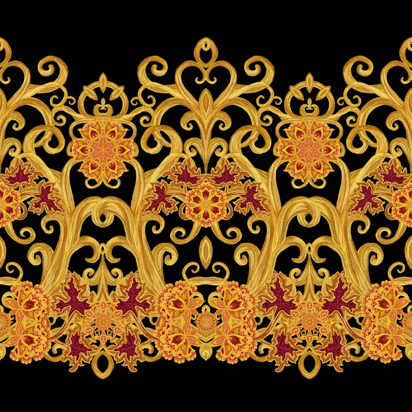 Vzor bezešvé. Zlaté texturou kadeře. Orientální styl arabeskami. Brilantní krajky, stylizované květiny. Prolamované tkaní delikátní, zlaté pozadí. Paisley, indická okurka. — Stock fotografie