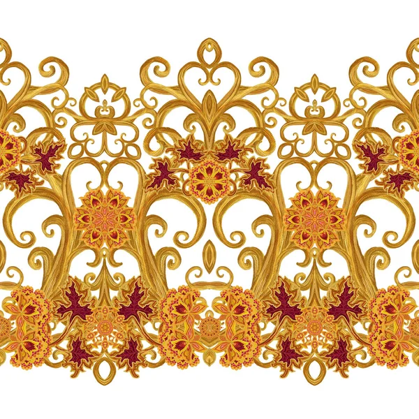 Jednolity wzór. Złote Loki teksturą. Styl Orientalny arabeski. Genialny koronki, stylizowane kwiaty. Ażurowe tkania delikatny, Złote tło. Paisley, ogórkiem indyjska. — Zdjęcie stockowe