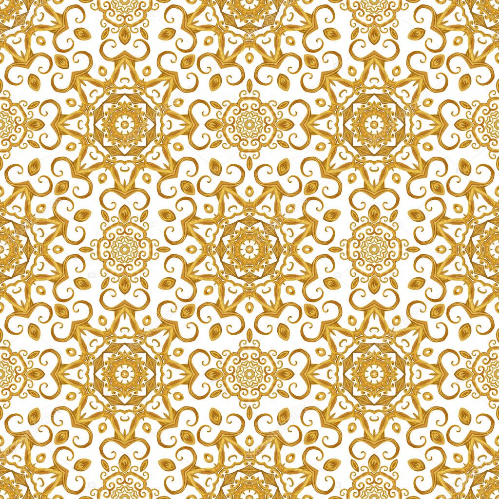 Seamless pattern. Golden textured curls. Oriental style arabesques. Brilliant lace, stylized flowers. Openwork weaving delicate, golden background. Damascus motif.