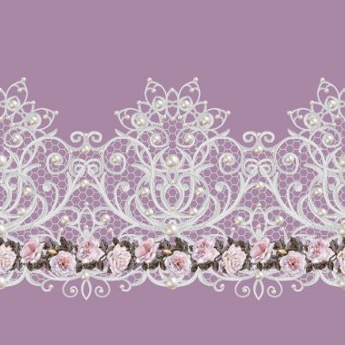 Dikişsiz desen sınır. Narin, dokuma Ajur Gümüş arka plan, parlak dantel, vintage eski tarzı Arabesk. Dekoratif kenar. Dan inciler, boncuk dekorasyon. Pembe Gül çiçek çelenk.