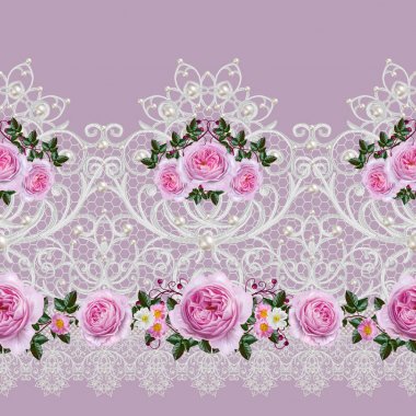 Dikişsiz desen sınır. Narin, dokuma Ajur Gümüş arka plan, parlak dantel, vintage eski tarzı Arabesk. Dekoratif kenar. Dan inciler, boncuk dekorasyon. Pembe Gül çiçek çelenk.