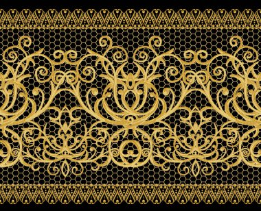 Seamless modeli. Altın dokulu bukleler. Oryantal tarzı Arabesk. Parlak dantel, stilize çiçekler. Narin, altın arka plan dokuma Ajur.
