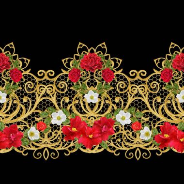 Seamless modeli. Altın dokulu bukleler. Oryantal tarzı Arabesk. Parlak dantel, stilize çiçekler. Dokuma narin, altın arka plan, kompozisyon, kırmızı gül çelenk Ajur