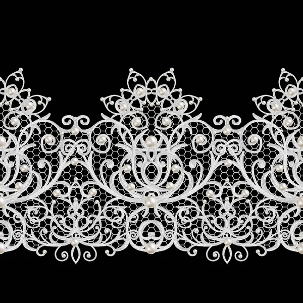 Seamless pattern border. Openwork weaving delicate, silver background, shiny lace, vintage old style arabesques. Edging decorative. Decoration from pearls, beads. — Stock Photo, Image