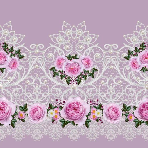 Seamless pattern border. Openwork weaving delicate, silver background, shiny lace, vintage old style arabesques. Edging decorative. Decoration from pearls, beads. Flower garland of pink roses. — Stock Photo, Image