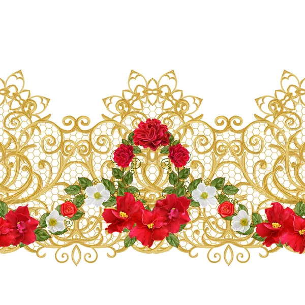 シームレス パターン。黄金の質感カール。オリエンタル スタイル アラベスク。華麗なレース、様式化された花です。繊細な黄金色の背景、組成、赤いバラの花輪を編む透かし — ストック写真