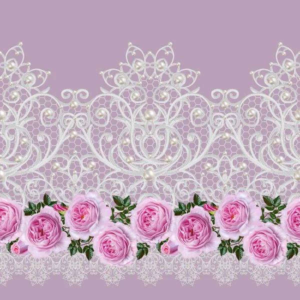 Seamless pattern border. Openwork weaving delicate, silver background, shiny lace, vintage old style arabesques. Edging decorative. Decoration from pearls, beads. Flower garland of pink roses. — Stock Photo, Image